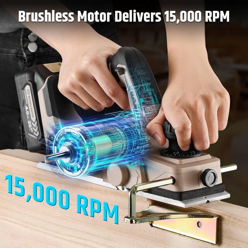WOODSTARTER مخطط يدوي كهربائي بدون سلك (بطارية وشاحن)، محرك بدون فرشاة 15000 دورة في الدقيقة، عرض التخطيط 3-1/4 بوصة، بطارية 20 فولت 4.0Ah، شاحن، دليل حواف وحقيبة غبار متضمنة، مثالي لتشطيب الخشب - Image 4